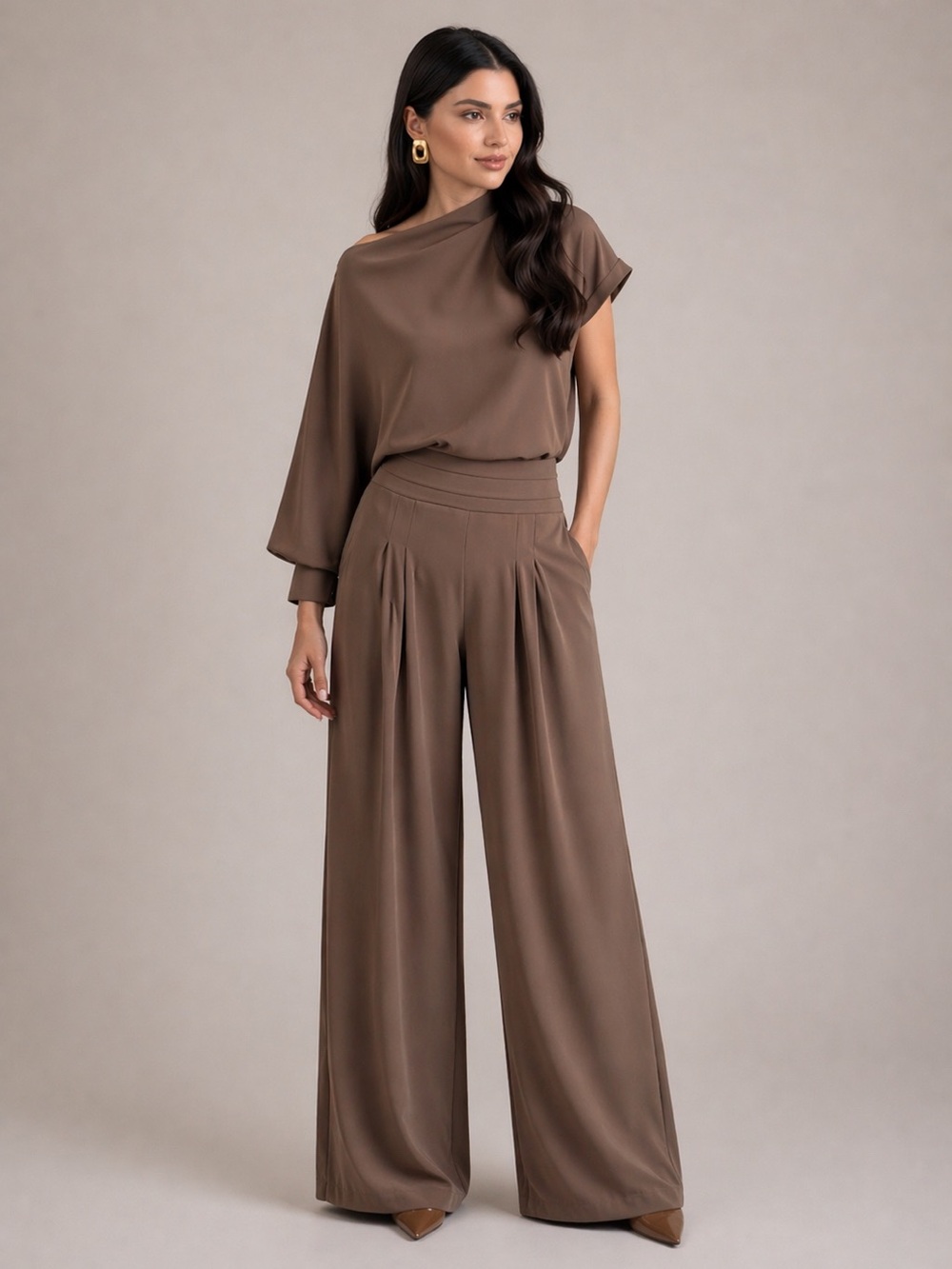 NEW Mocha Brown 2-Piece Set | Draped Top + Wide Leg Pants